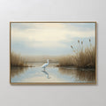 Hand painted original white egret marsh oil painting canvas wall art, soft blue ivory golden reeds, coastal nordic scandinavian elegant luxury modern