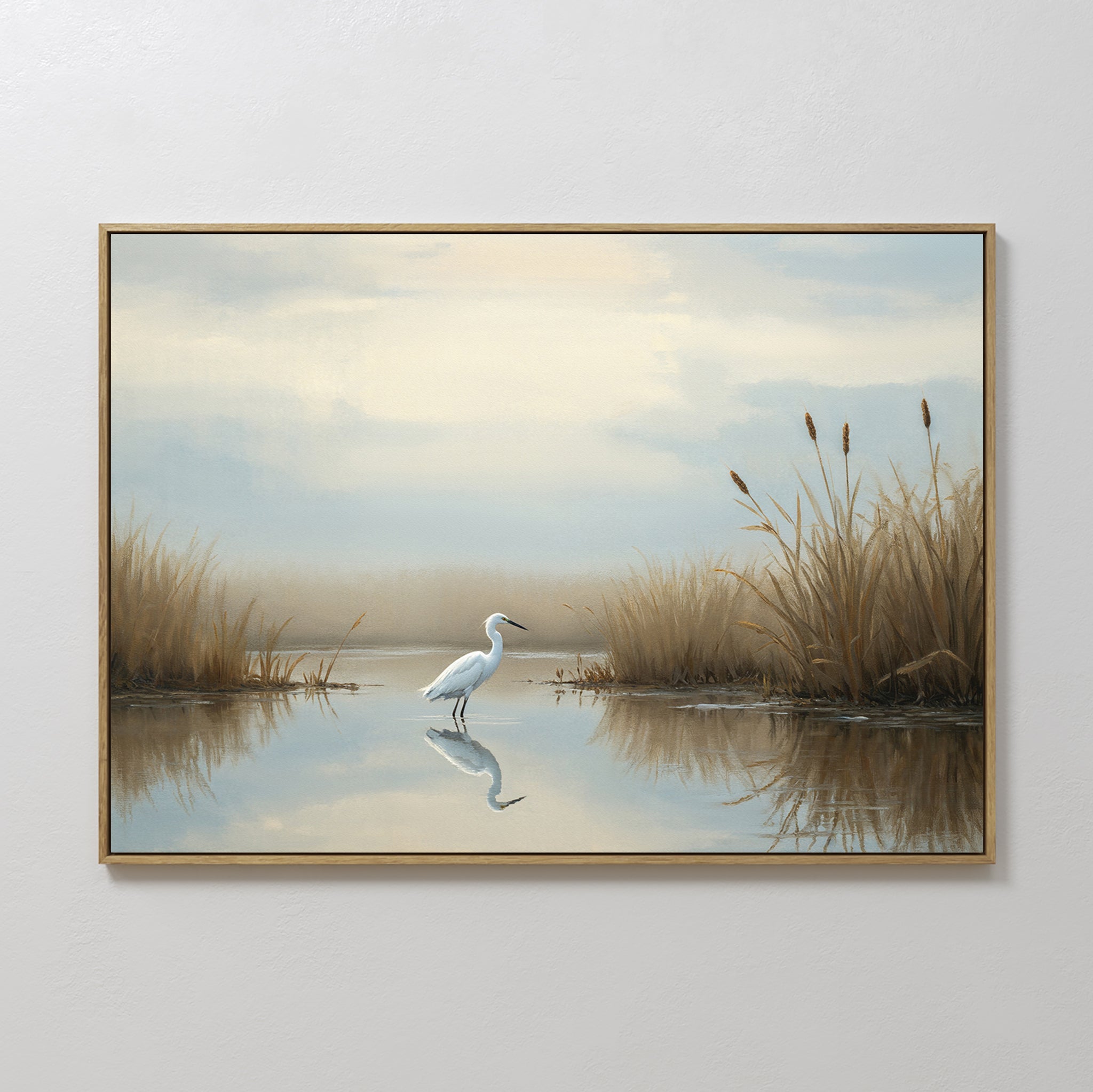 Hand painted original white egret marsh oil painting canvas wall art, soft blue ivory golden reeds, coastal nordic scandinavian elegant luxury modern