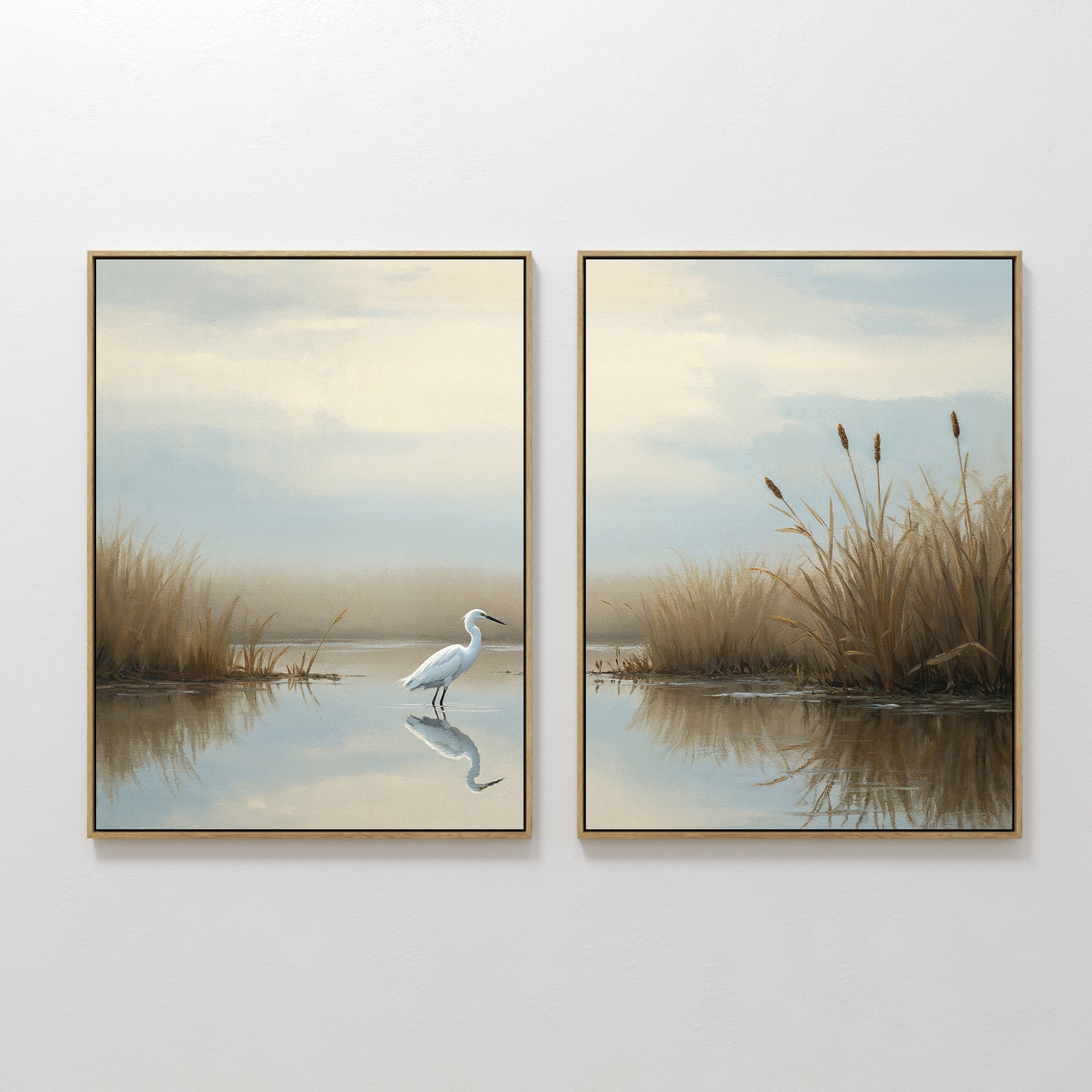 Hand painted original oil painting canvas set white egret misty marsh golden reeds blue sky nordic scandinavian elegant luxury modern coastal home dec