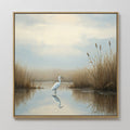 Hand painted original white egret marsh oil painting canvas wall art, soft blue golden reeds coastal nordic scandinavian elegant luxury modern home de