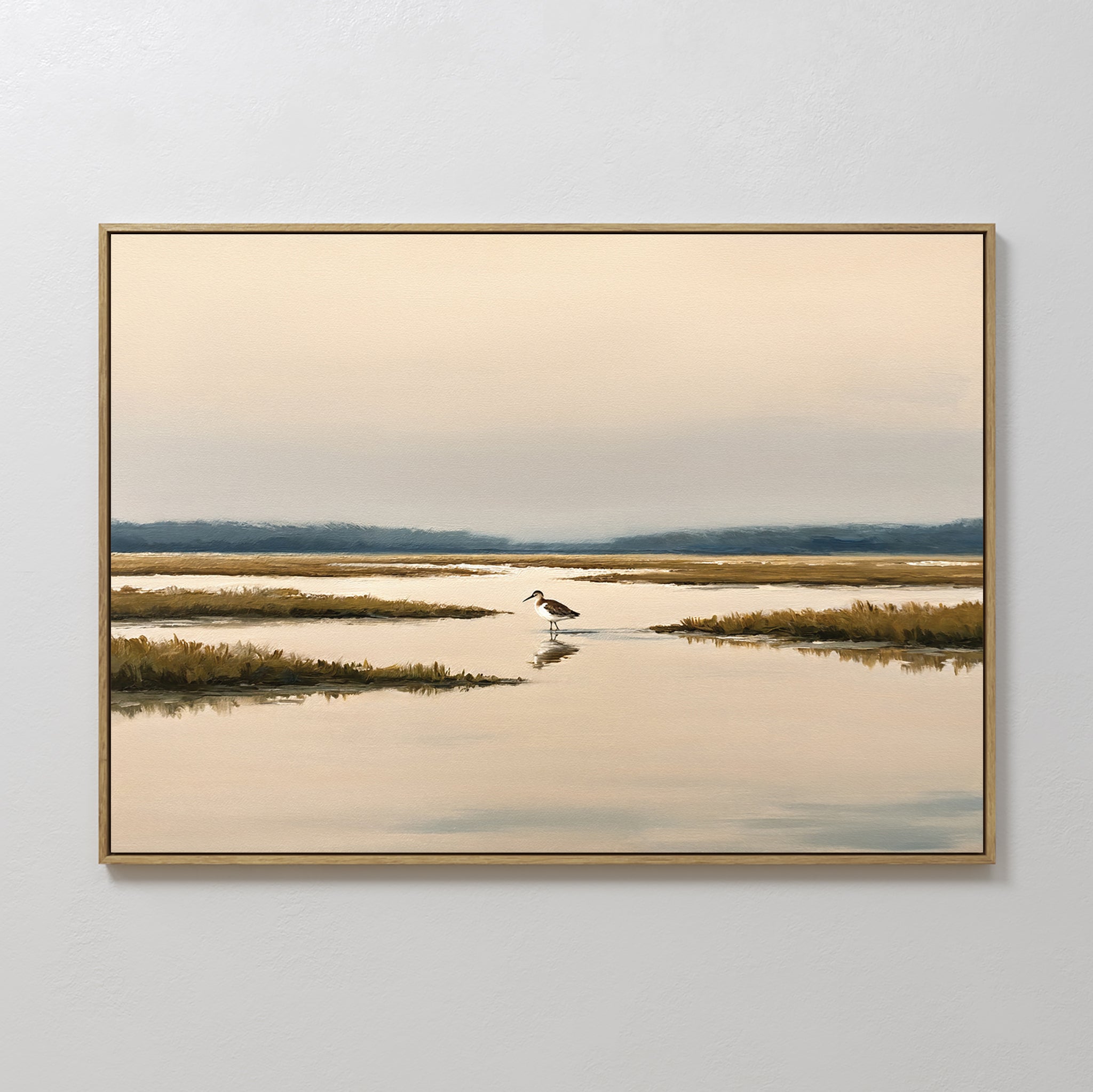 Original hand painted amber golden coastal marsh sandpiper oil painting canvas wall art, nordic scandinavian elegant minimalist luxury modern home dec