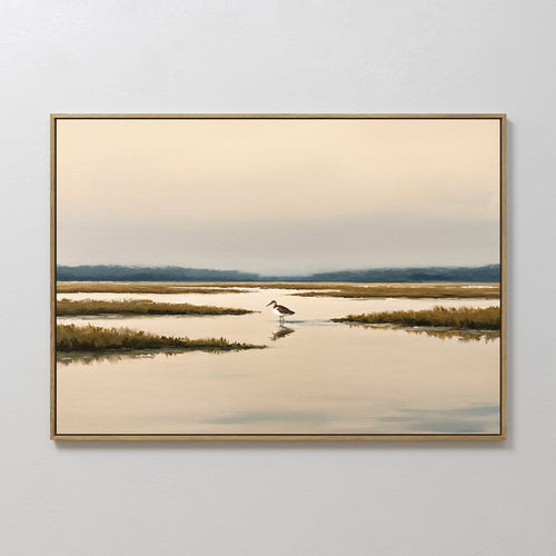 Original hand painted amber golden coastal marsh sandpiper oil painting canvas wall art, nordic scandinavian elegant minimalist luxury modern home dec