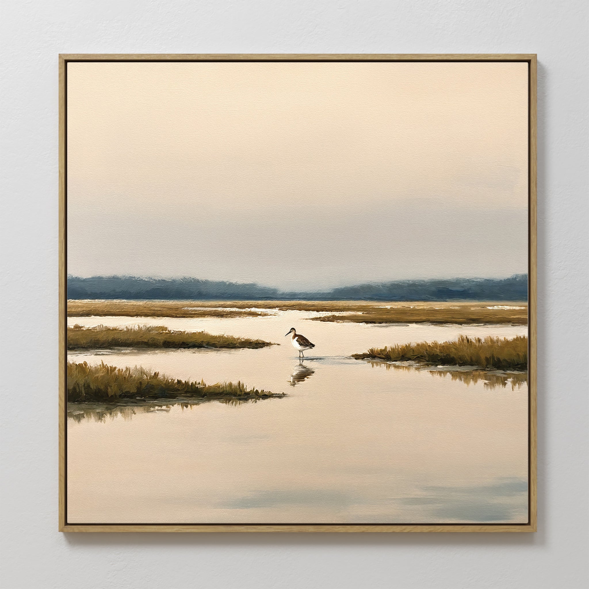Original hand painted amber golden marsh shorebird oil painting canvas wall art, nordic scandinavian minimalist elegant luxury coastal modern home dec