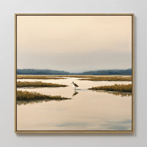 Original hand painted amber golden marsh shorebird oil painting canvas wall art, nordic scandinavian minimalist elegant luxury coastal modern home dec