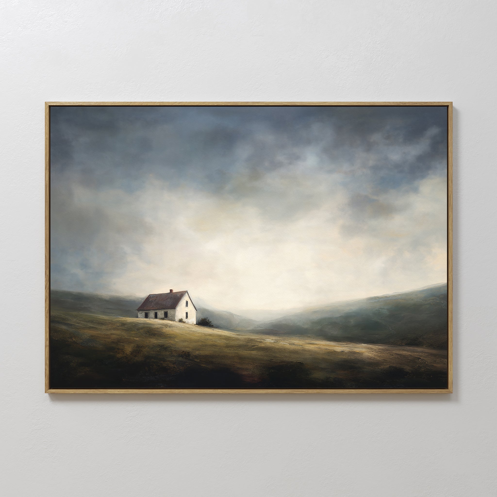 Original hand painted misty green valley white cottage oil painting canvas wall art, nordic scandinavian elegant luxury minimalist modern living room