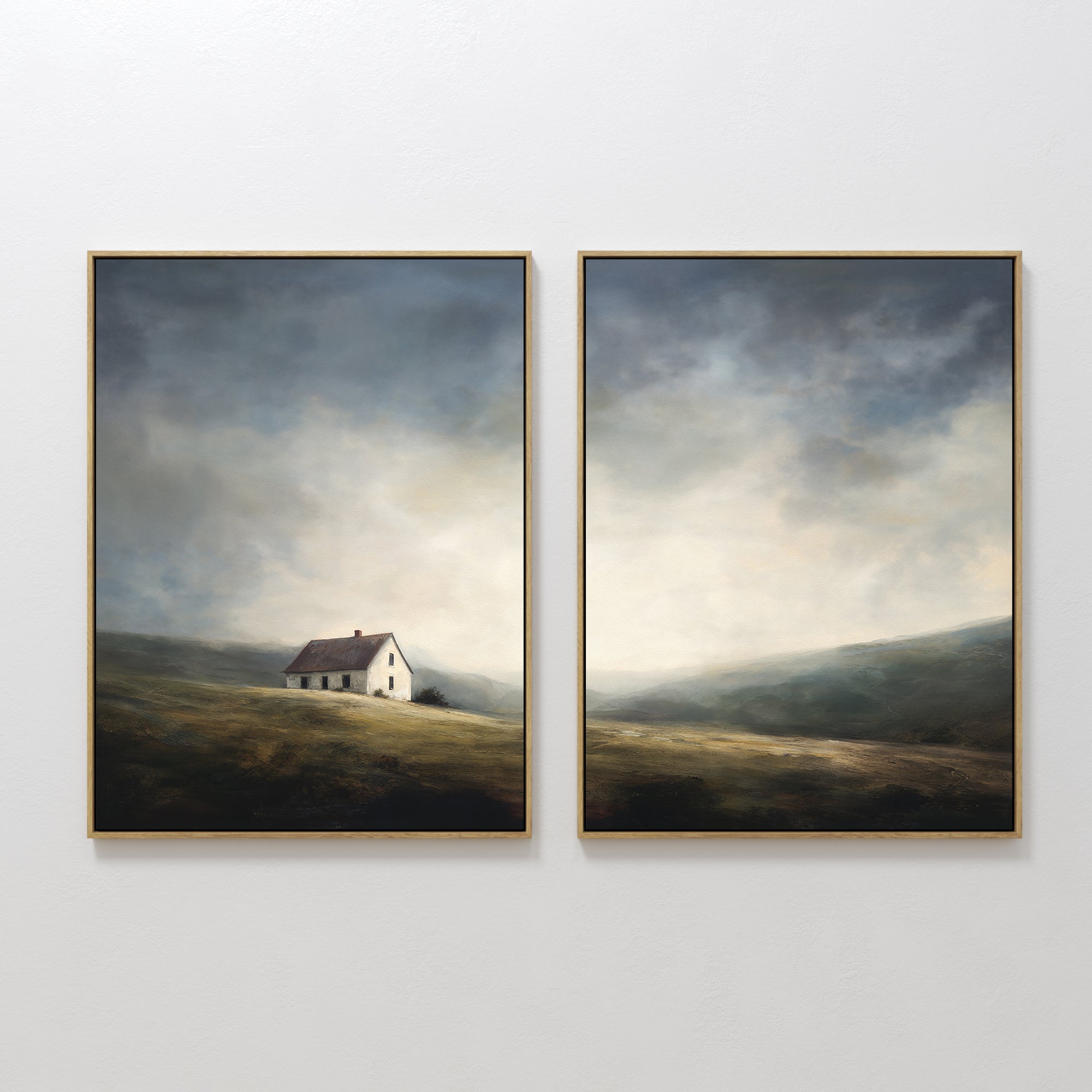 Original hand painted moody green and slate blue landscape oil painting set of 2 canvas wall art, nordic scandinavian elegant luxury modern farmhouse
