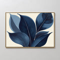 Hand painted original navy indigo blue botanical leaf oil painting canvas wall art, nordic scandinavian elegant luxury minimalist modern living room h