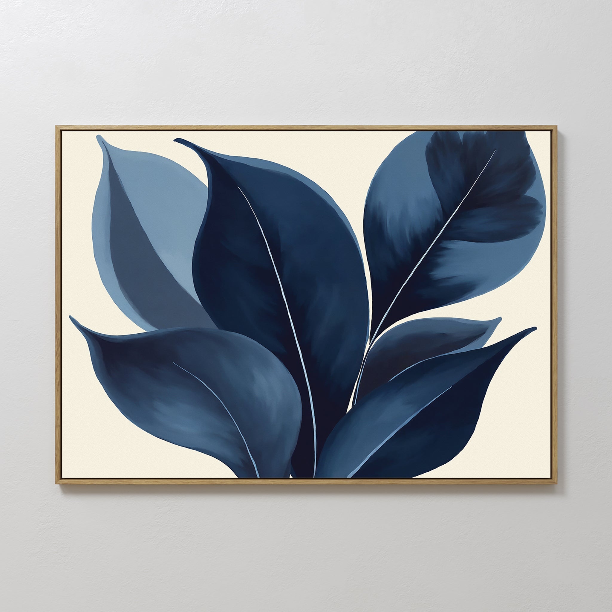 Hand painted original navy indigo blue botanical leaf oil painting canvas wall art, nordic scandinavian elegant luxury minimalist modern living room h