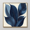 Original hand painted navy indigo blue botanical leaf oil painting canvas wall art, nordic scandinavian elegant luxury minimalist modern living room h