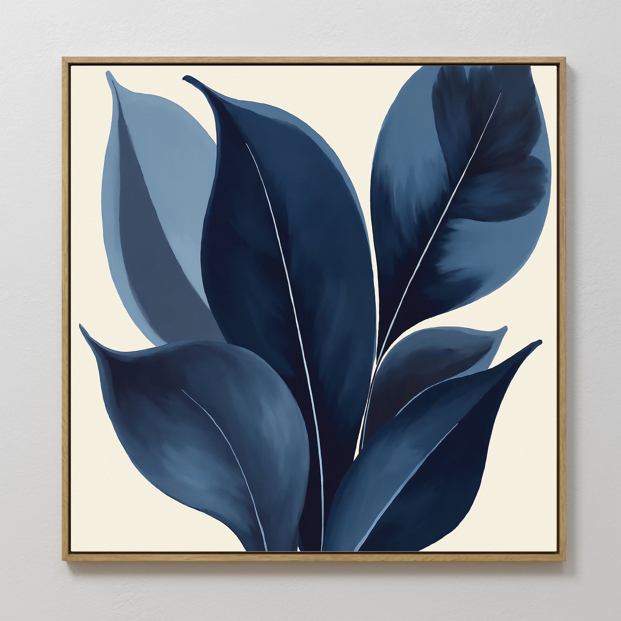 Original hand painted navy indigo blue botanical leaf oil painting canvas wall art, nordic scandinavian elegant luxury minimalist modern living room h