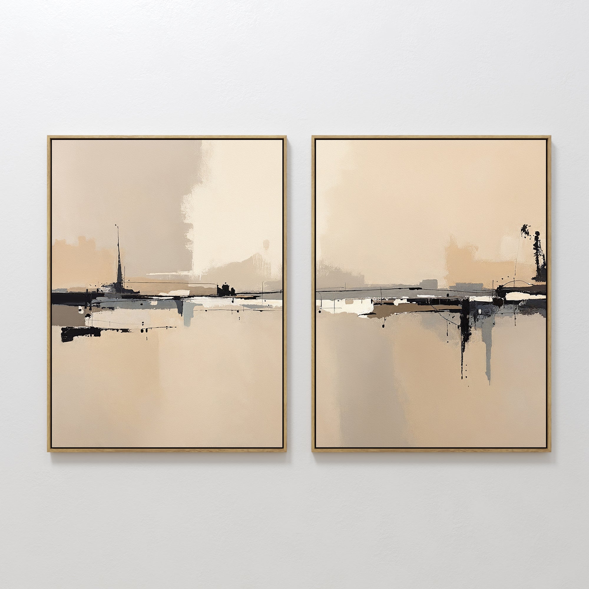 Original hand painted beige black abstract oil painting diptych canvas wall art, nordic scandinavian elegant minimalist luxury modern home decor inter