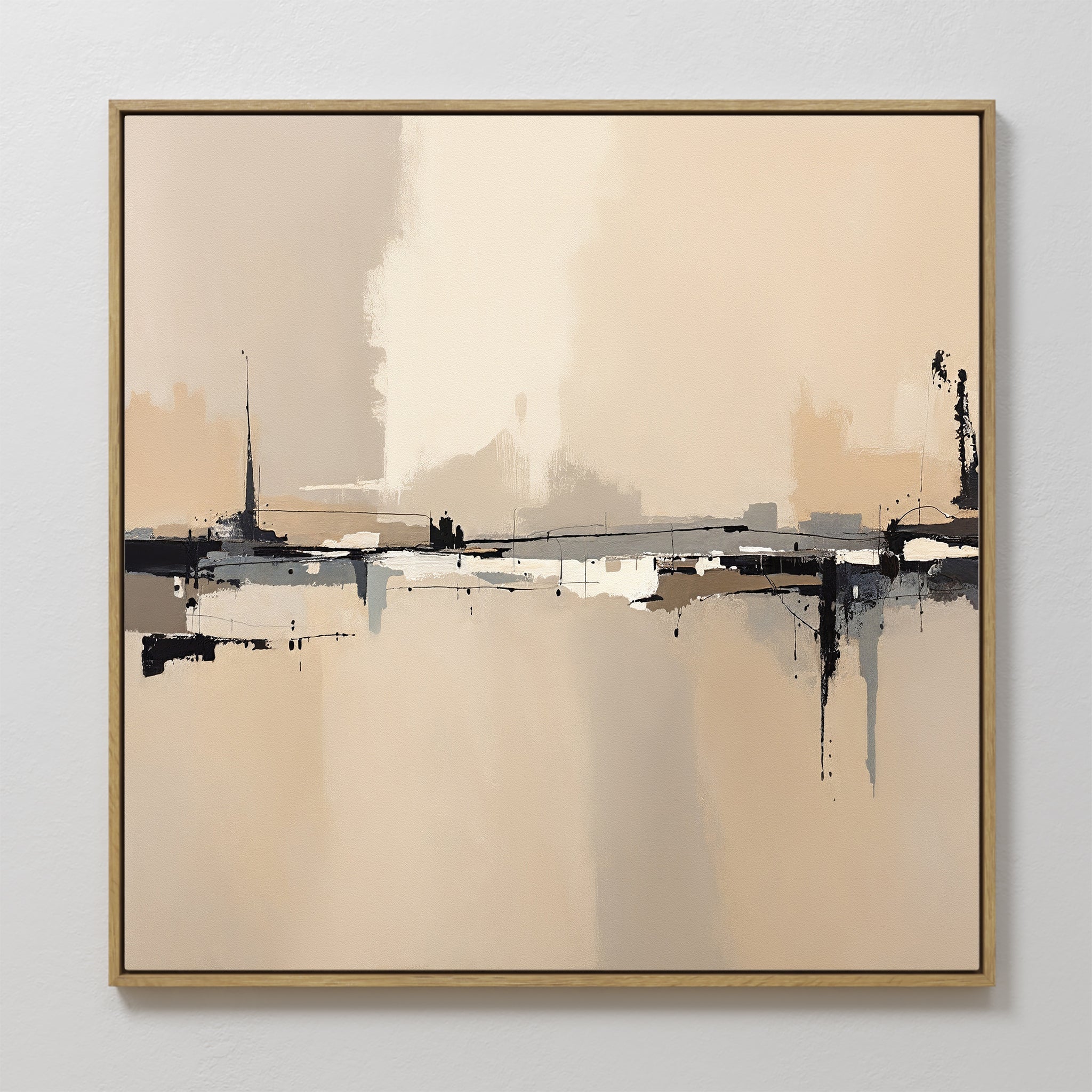 Hand painted original beige abstract horizon oil painting canvas wall art, black ink silhouettes, nordic scandinavian elegant luxury minimalist modern