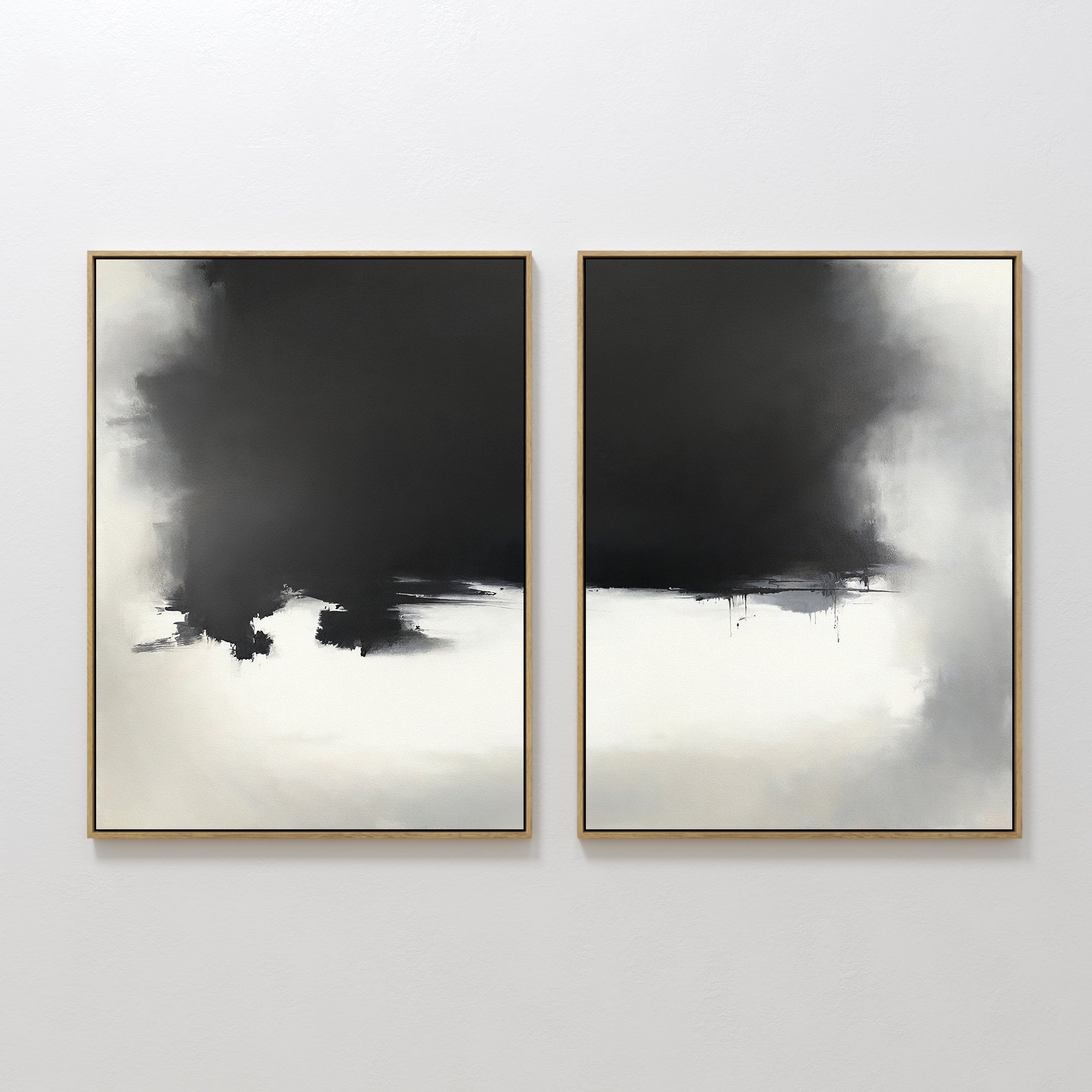Original hand painted black ivory storm cloud abstract oil painting diptych canvas wall art, nordic scandinavian elegant luxury modern interior design