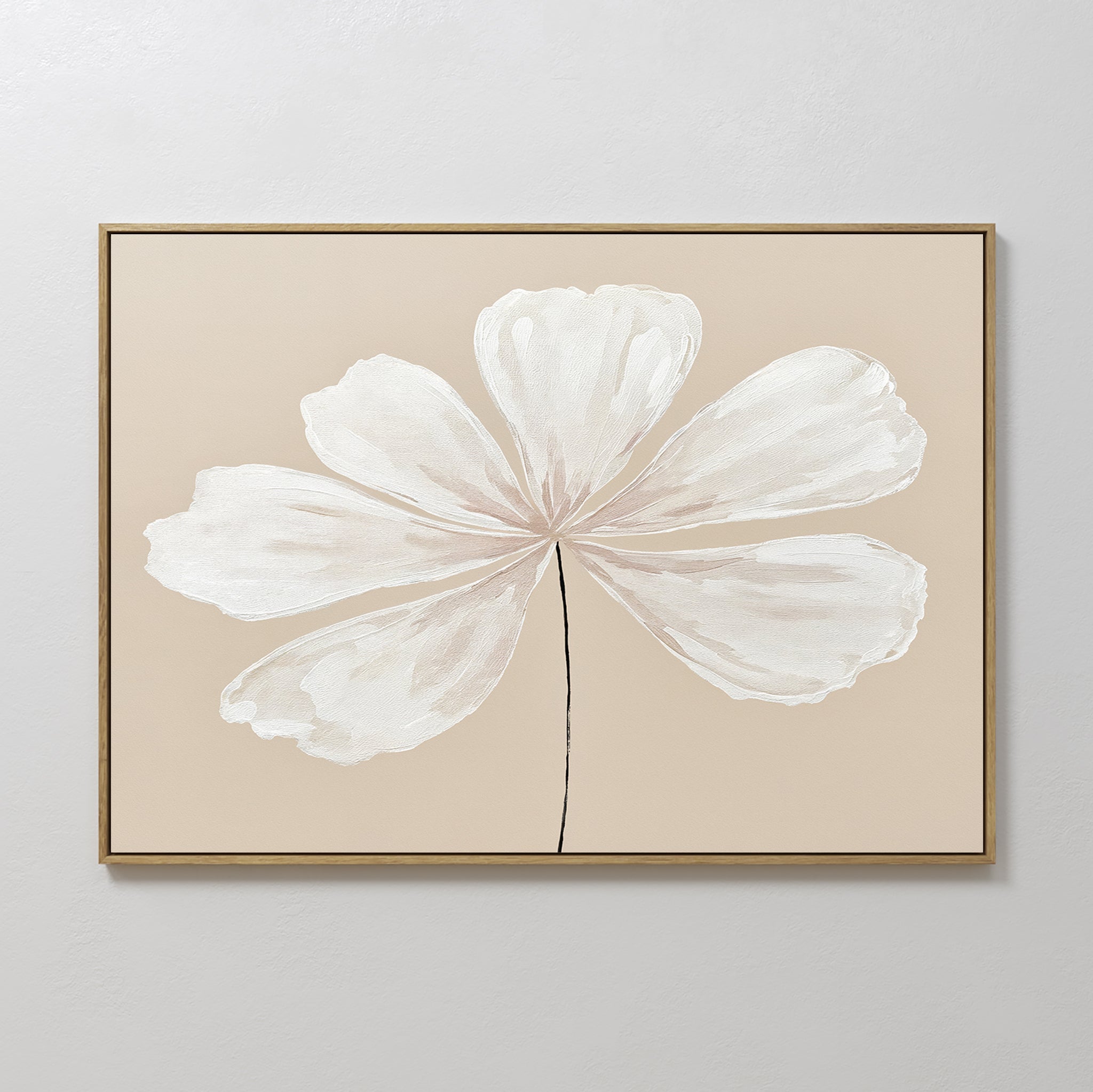 Original hand painted white botanical flower oil painting canvas wall art, warm beige background nordic scandinavian elegant luxury minimalist modern