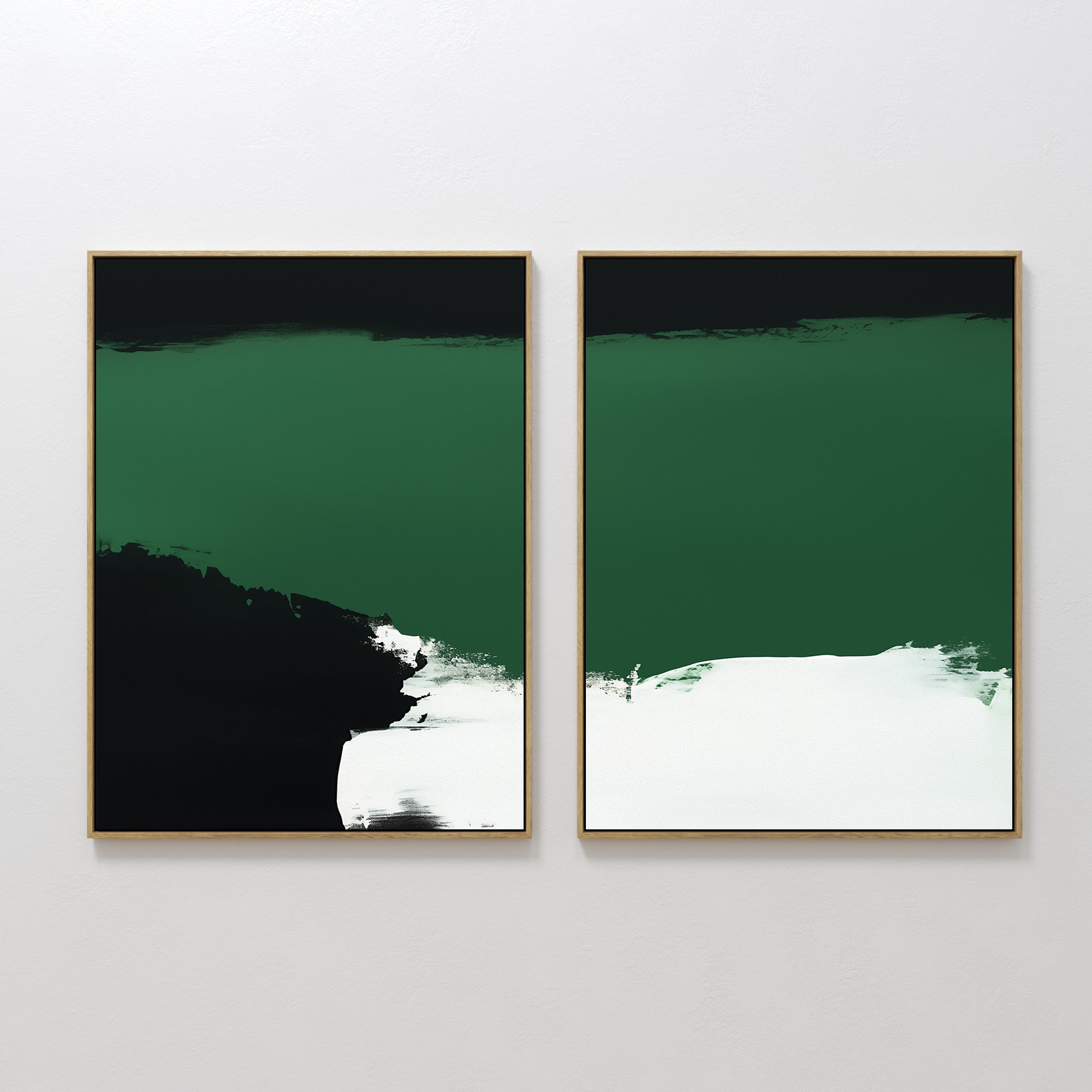 Original hand painted emerald green black white abstract oil painting canvas set of 2, bold brushstrokes, nordic scandinavian elegant luxury modern in
