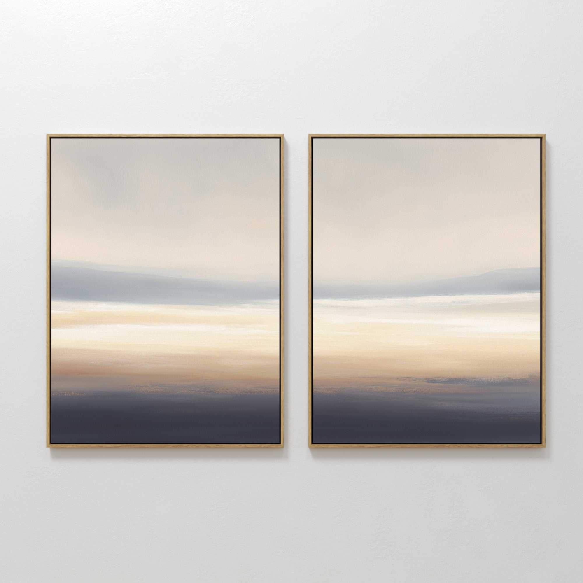 Original hand painted navy blush ivory atmospheric dusk diptych oil painting canvas wall art, nordic scandinavian elegant luxury minimalist modern liv