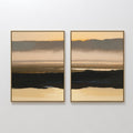 Original hand painted golden amber charcoal atmospheric landscape diptych oil painting canvas wall art, nordic scandinavian elegant luxury modern livi