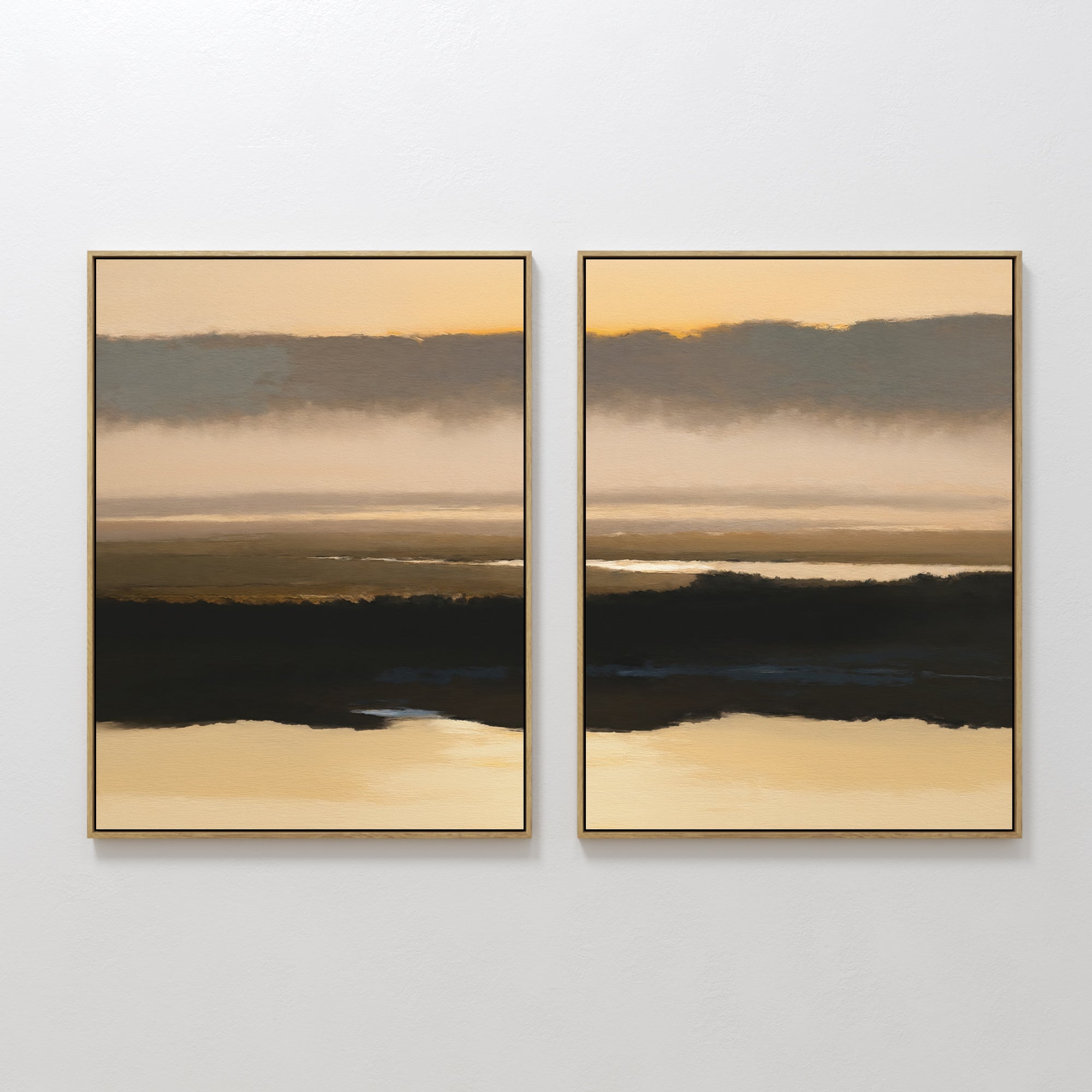 Original hand painted golden amber charcoal atmospheric landscape diptych oil painting canvas wall art, nordic scandinavian elegant luxury modern livi