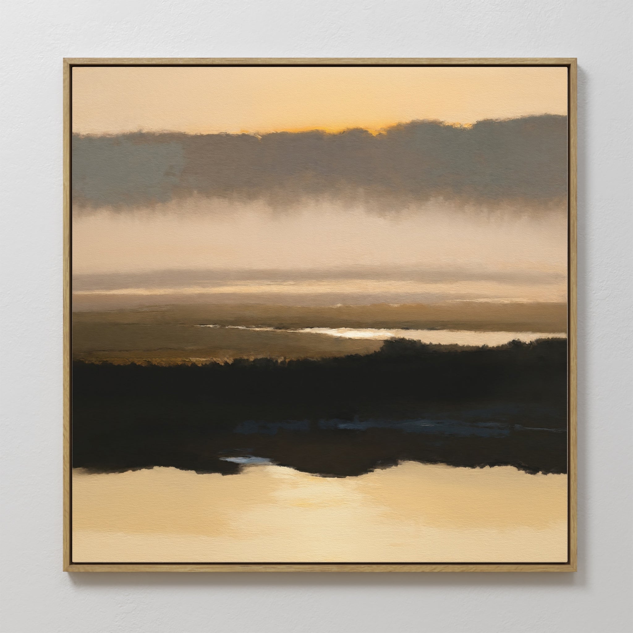 Original hand painted golden amber black misty atmospheric landscape oil painting canvas wall art, nordic scandinavian elegant luxury modern living ro