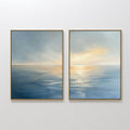 Original hand painted blue gold coastal ocean sunset diptych oil painting canvas wall art, nordic scandinavian elegant luxury minimalist modern living
