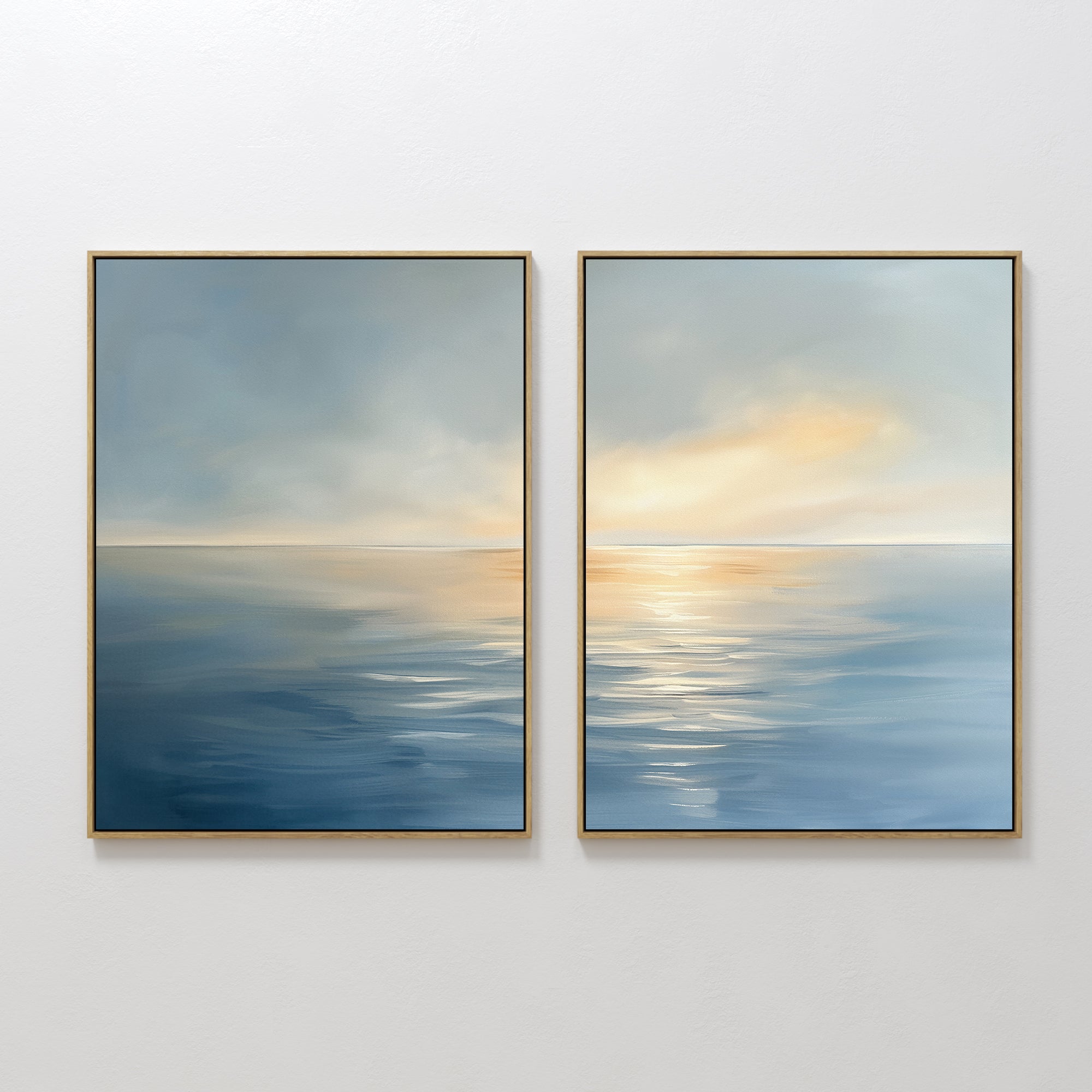Original hand painted blue gold coastal ocean sunset diptych oil painting canvas wall art, nordic scandinavian elegant luxury minimalist modern living