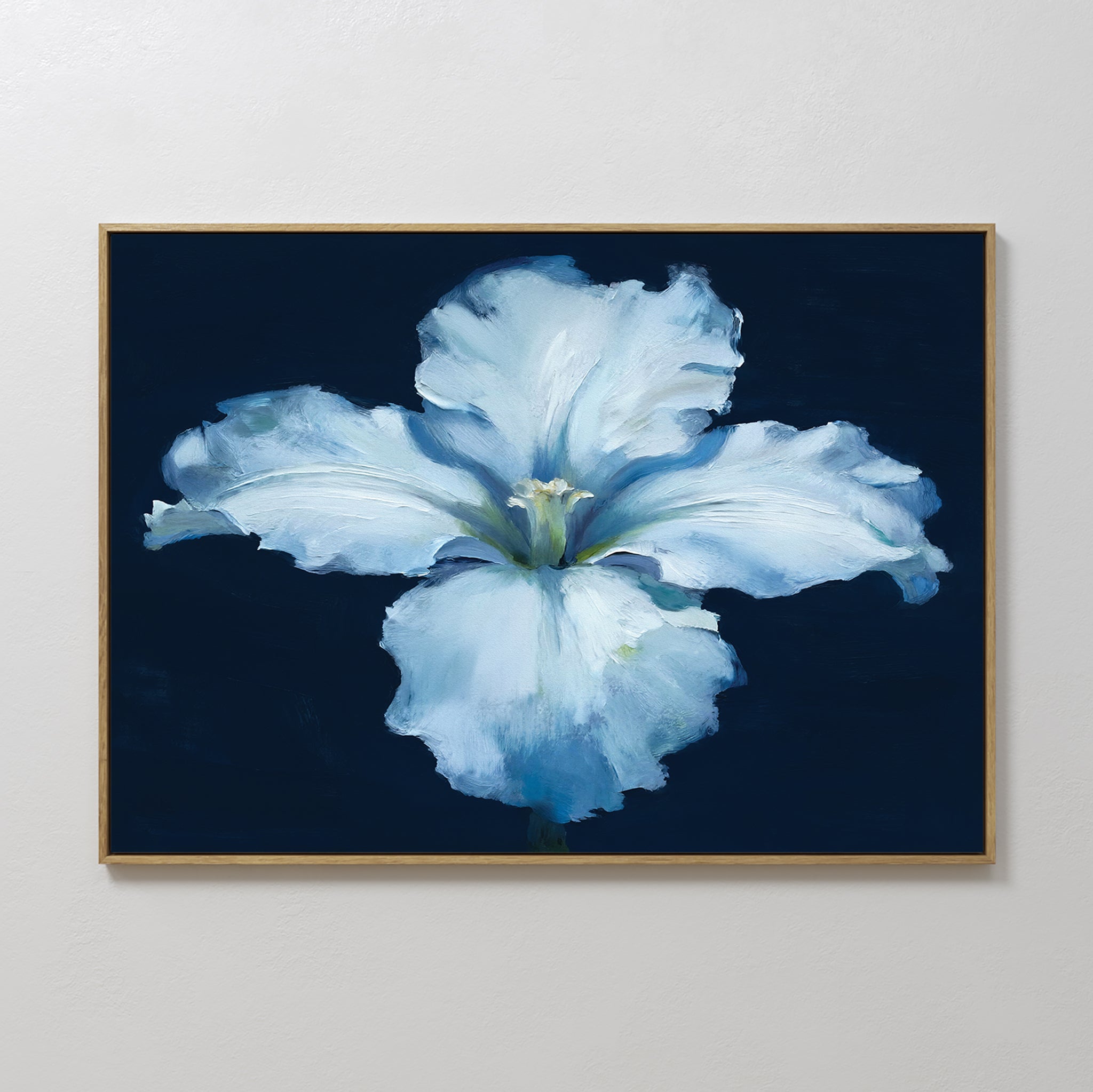 Original hand painted white and navy blue iris floral oil painting canvas wall art, nordic scandinavian elegant luxury modern bedroom living room home