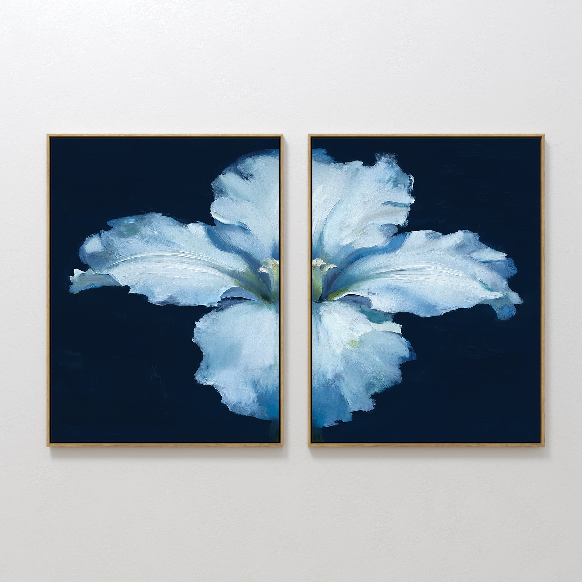 Original hand painted white blue botanical flower diptych oil painting canvas wall art, nordic scandinavian elegant luxury modern living room home dec