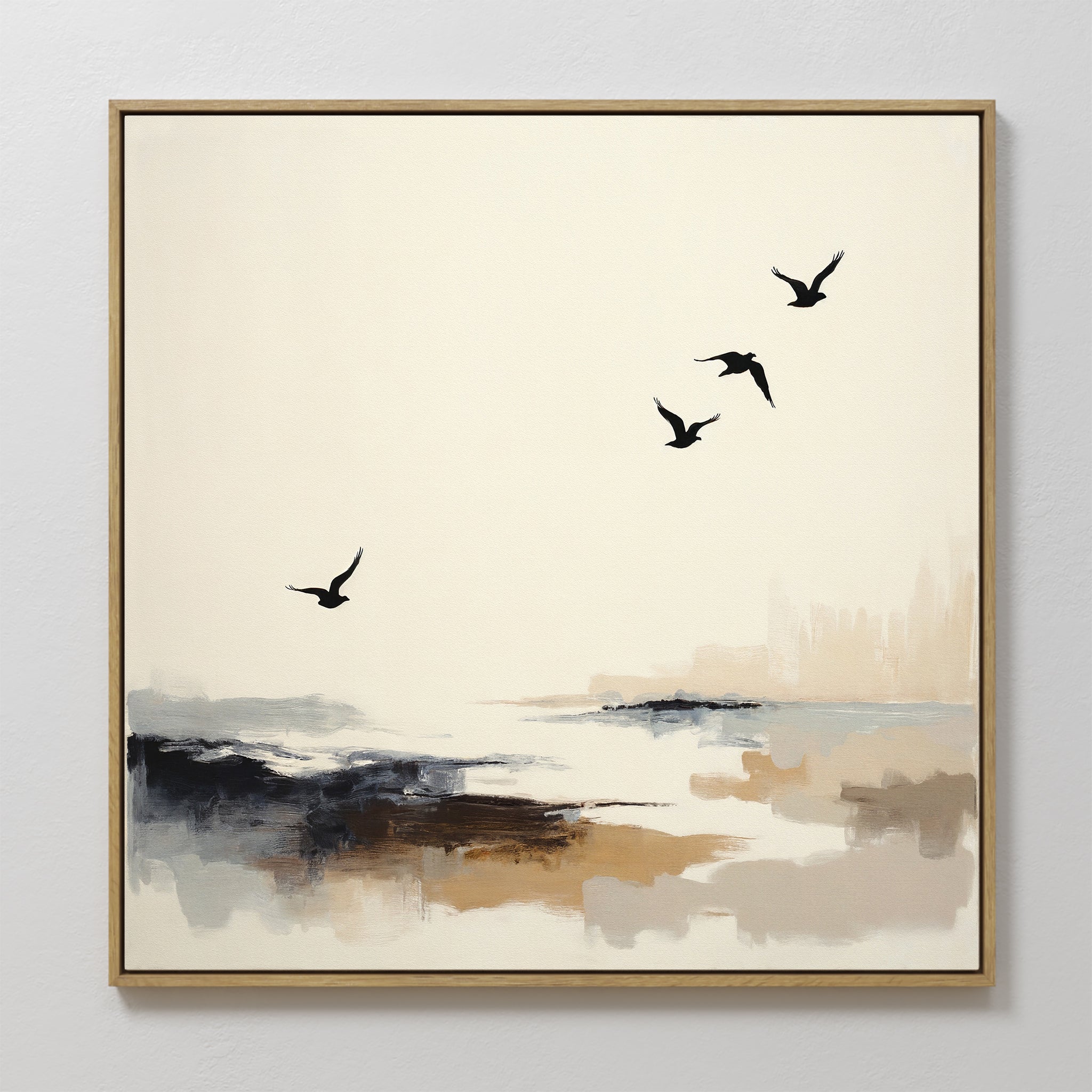 Original hand painted ivory beige coastal bird silhouettes oil painting canvas wall art, nordic scandinavian minimalist elegant luxury modern living r