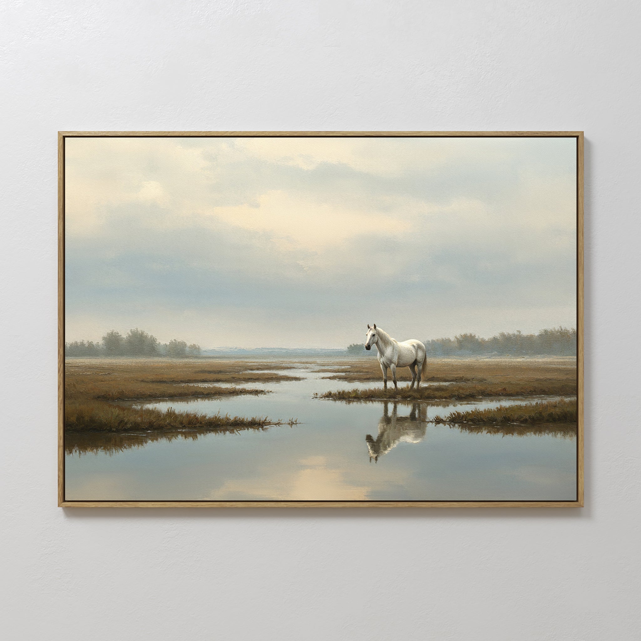 Original hand painted white horse marsh oil painting canvas wall art, soft blue gold tones, nordic scandinavian elegant luxury minimalist modern livin