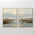 Original hand painted white horse marsh oil painting canvas wall art set of 2, soft blue ivory golden tones, nordic scandinavian elegant luxury minima