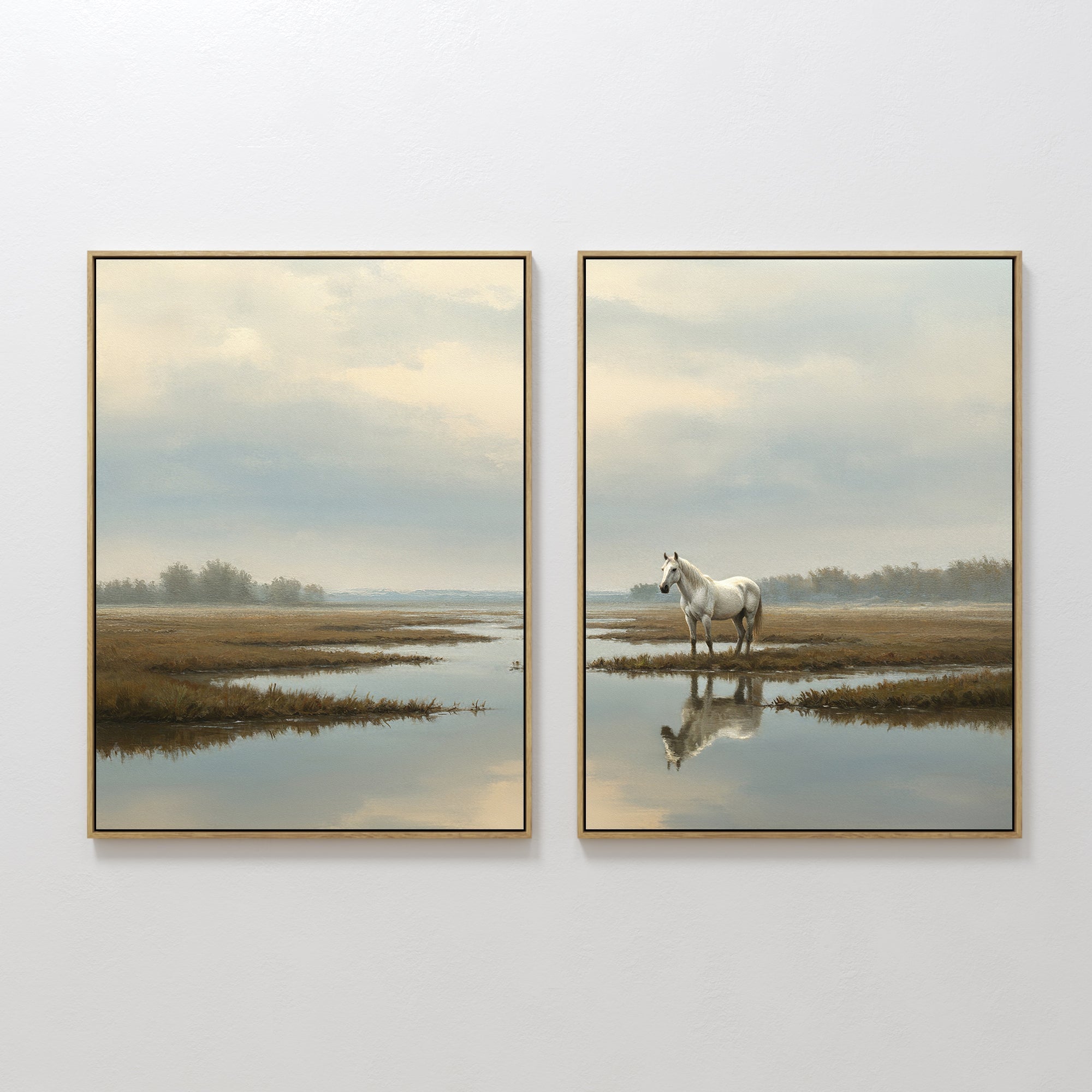 Original hand painted white horse marsh oil painting canvas wall art set of 2, soft blue ivory golden tones, nordic scandinavian elegant luxury minima