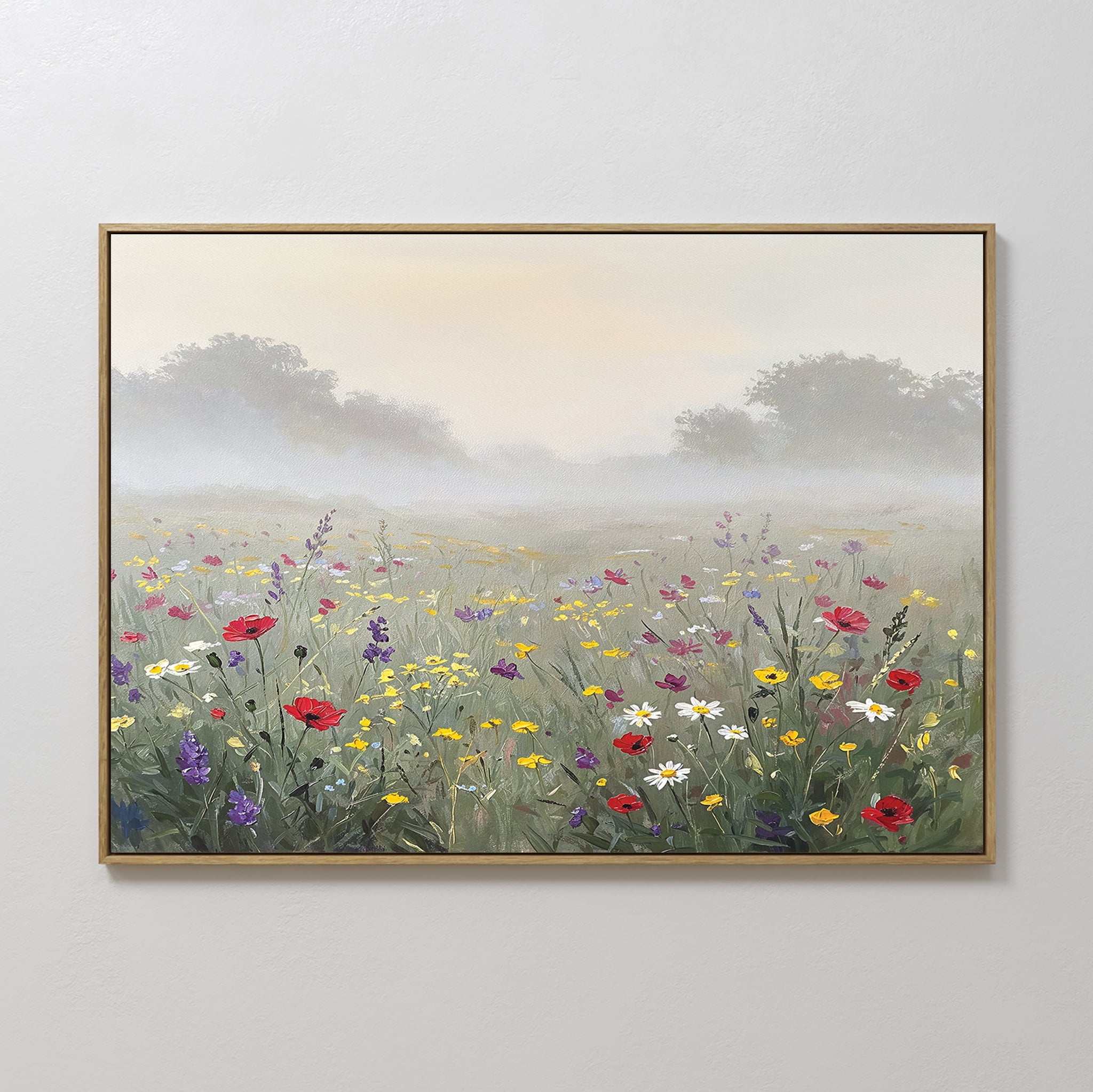 Original hand painted red yellow white wildflower meadow oil painting canvas wall art, elegant botanical luxury nordic scandinavian modern home decor