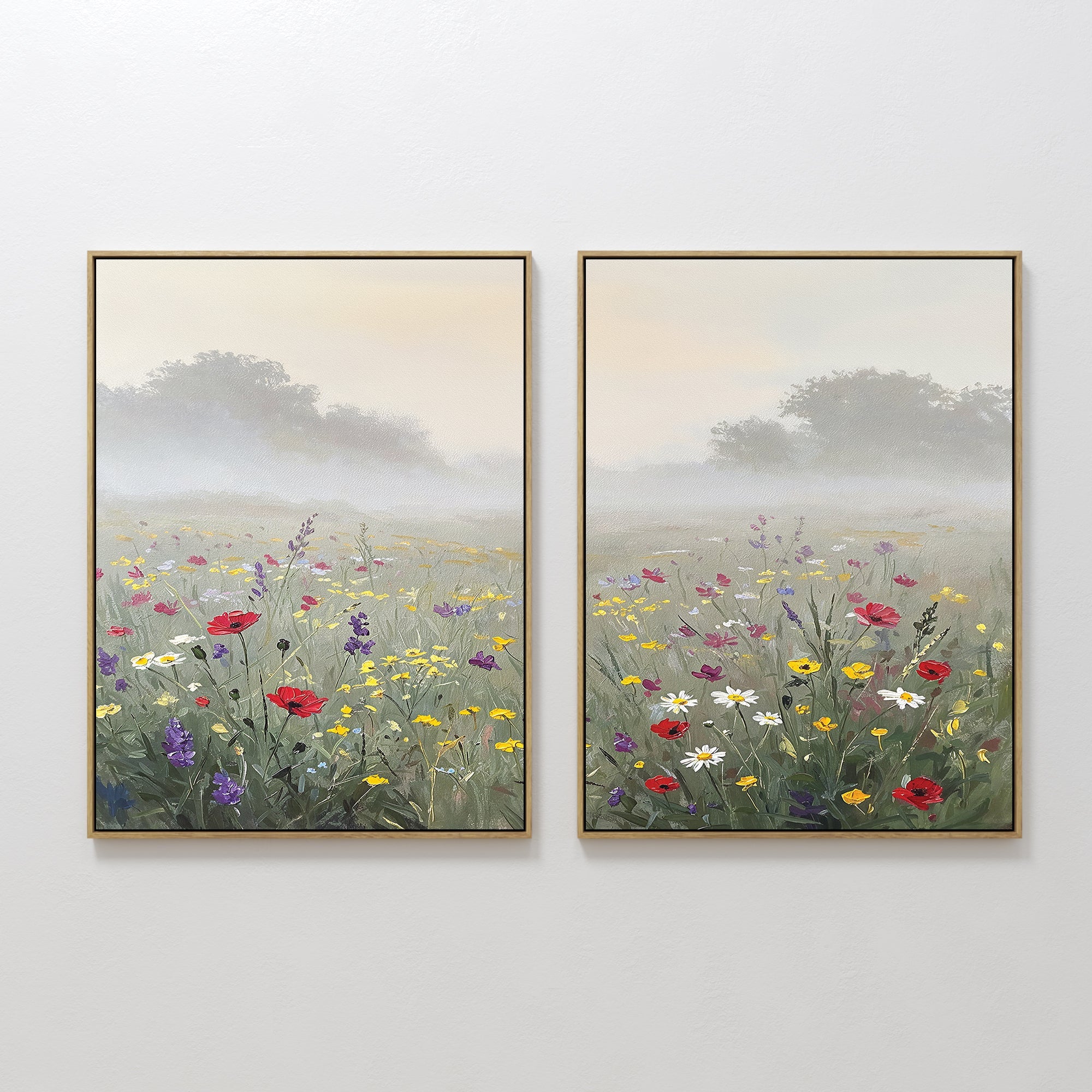Hand painted original oil painting set of 2 wildflower meadow red poppies daisies misty landscape canvas wall art nordic scandinavian elegant luxury m