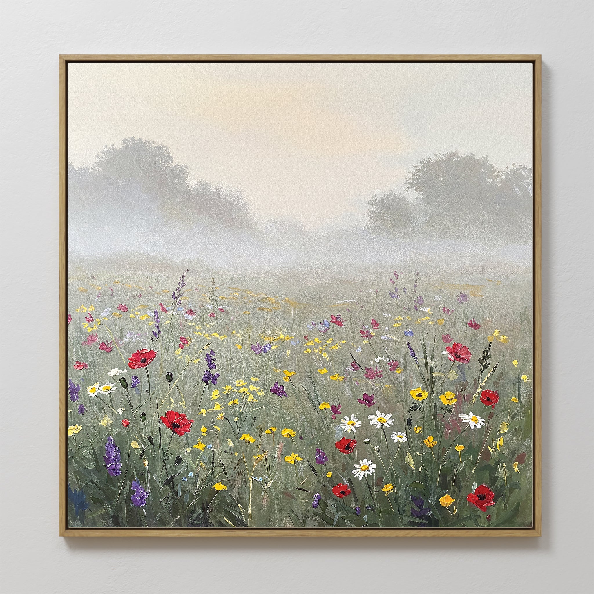 Original hand painted red yellow purple wildflower meadow oil painting canvas wall art, elegant luxury nordic scandinavian modern botanical home decor