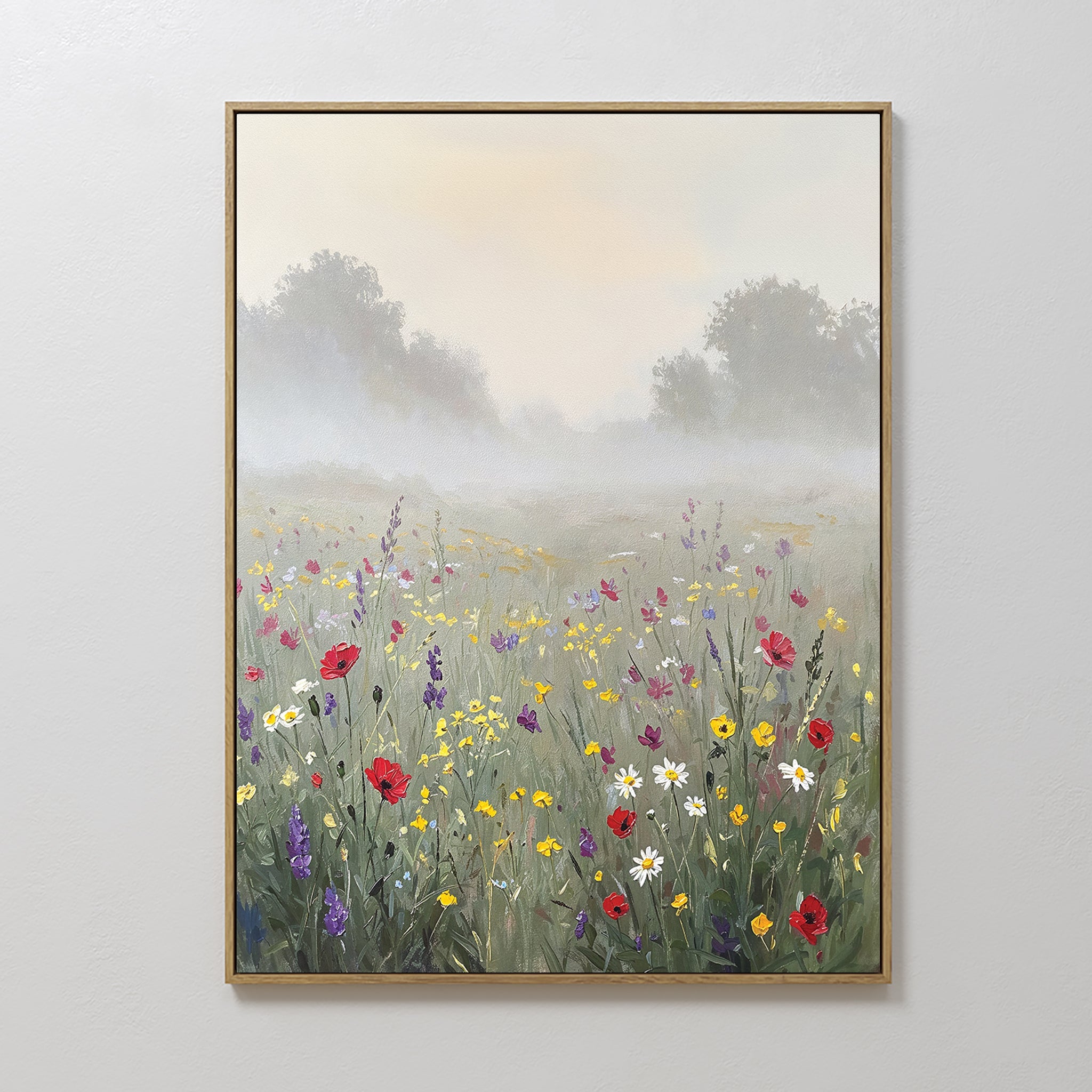 Hand painted original oil painting wildflower meadow misty landscape red yellow purple white blooms canvas wall art nordic scandinavian elegant luxury