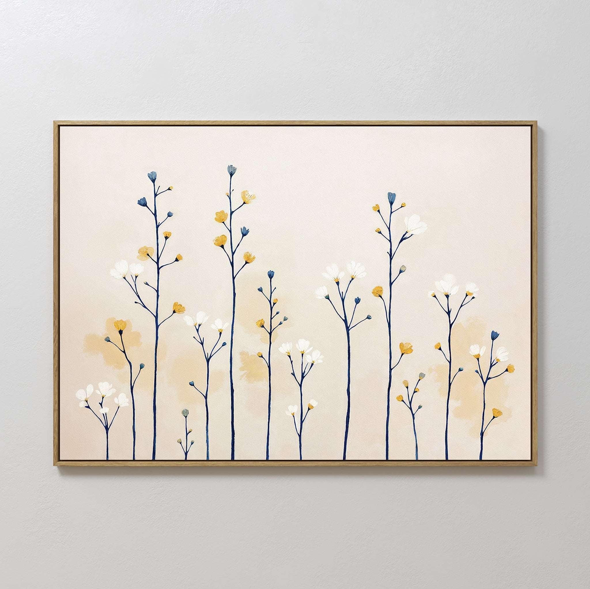 Hand painted original oil painting blue stem wildflowers gold white blooms cream background canvas wall art nordic scandinavian elegant luxury modern