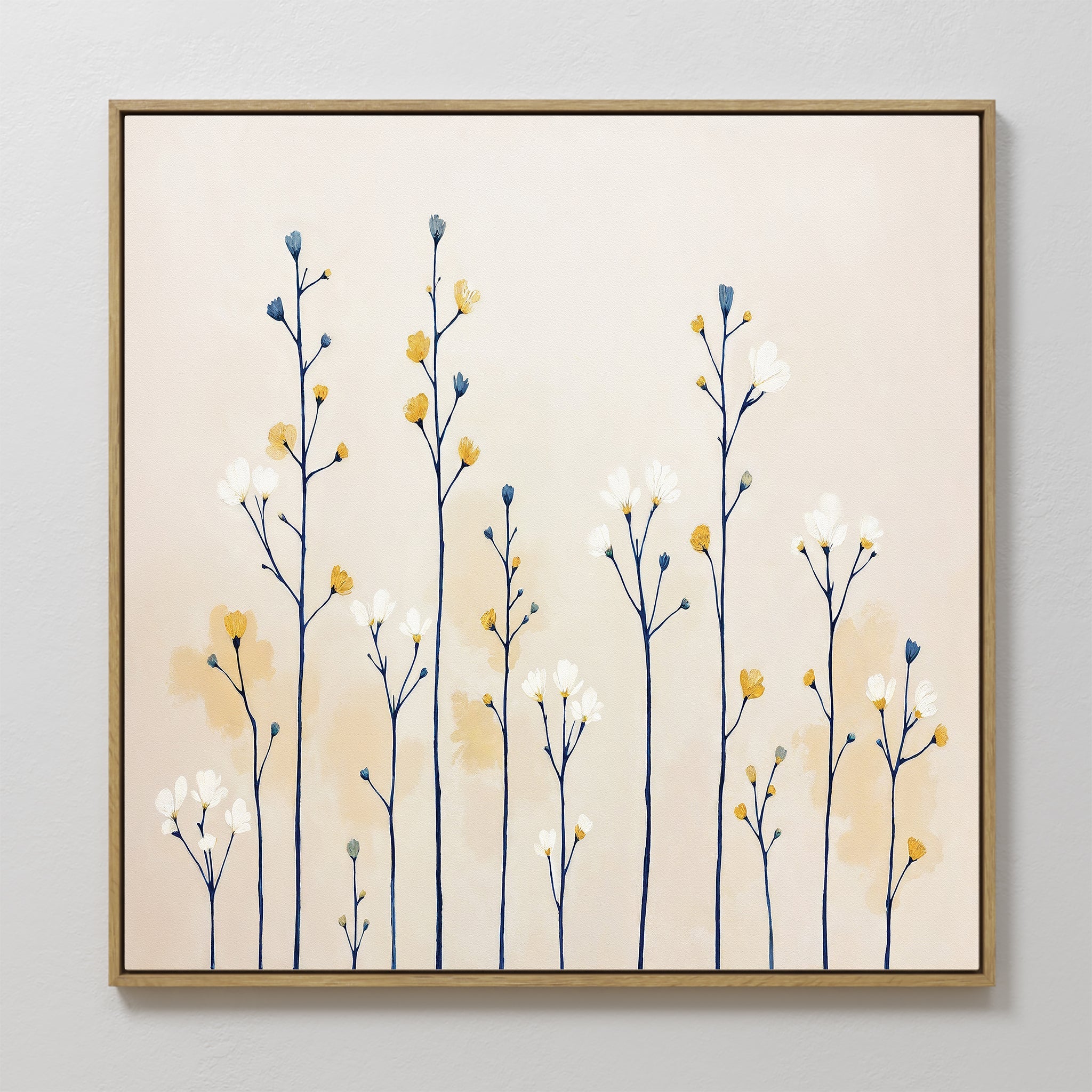 Hand painted original oil painting navy wildflower stems gold white blooms cream canvas wall art nordic scandinavian elegant luxury modern home decor
