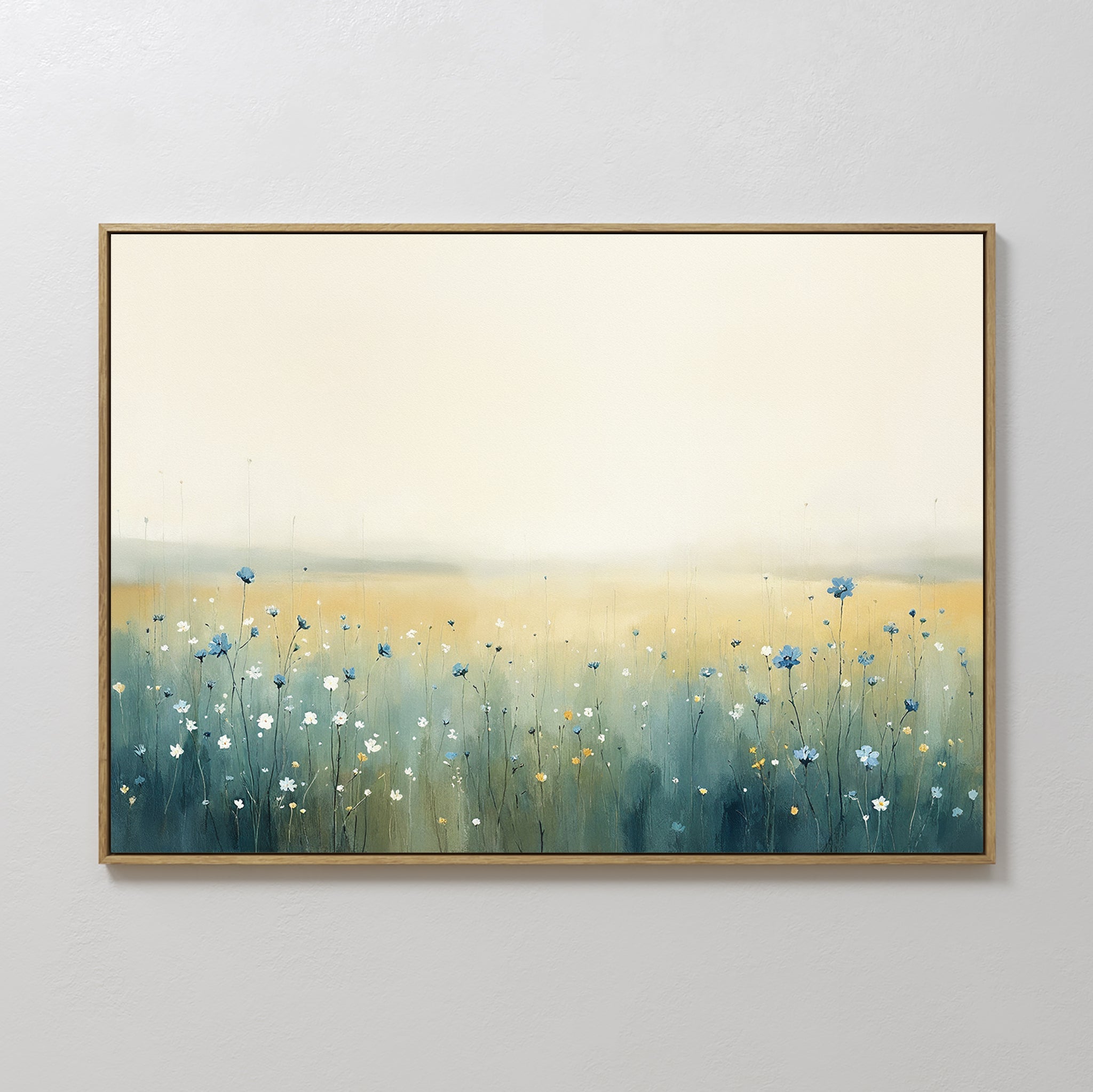 Original hand painted teal blue wildflower meadow oil painting canvas wall art, nordic scandinavian elegant luxury minimalist modern living room home
