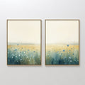 Original hand painted teal blue wildflower oil painting canvas wall art set of 2, nordic scandinavian elegant luxury minimalist modern living room hom