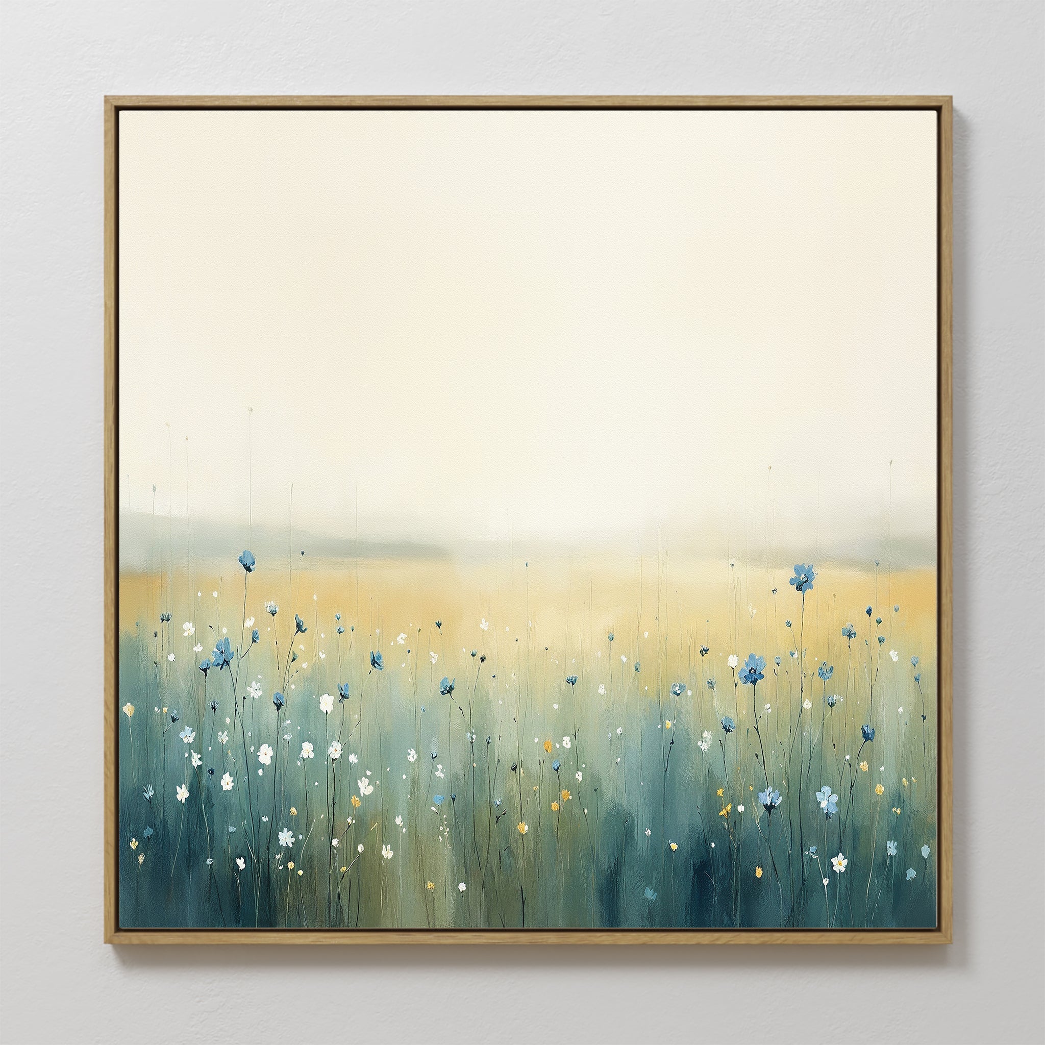 Original hand painted teal blue wildflower meadow oil painting canvas wall art, nordic scandinavian elegant luxury minimalist modern living room home