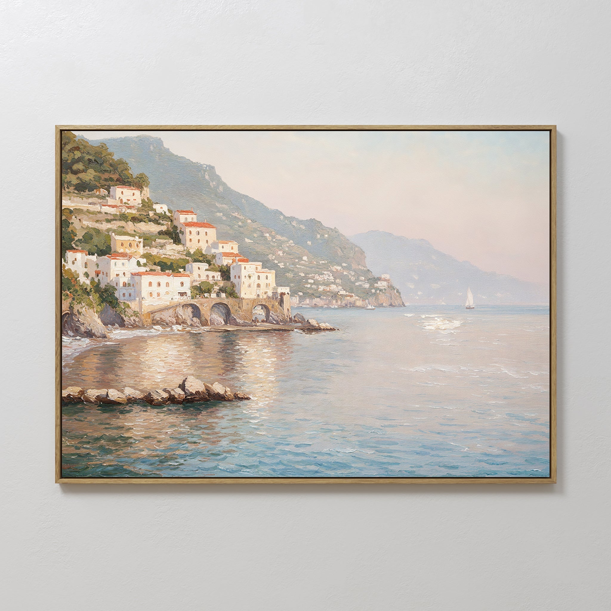 Hand painted original oil painting canvas wall art of Mediterranean coastal cliffside village in warm amber teal blush tones, elegant luxury modern ho