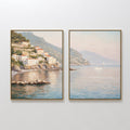 Hand painted original oil painting set of 2 blush Amalfi Coast coastal village sailboat canvas wall art elegant luxury modern nordic home decor interi