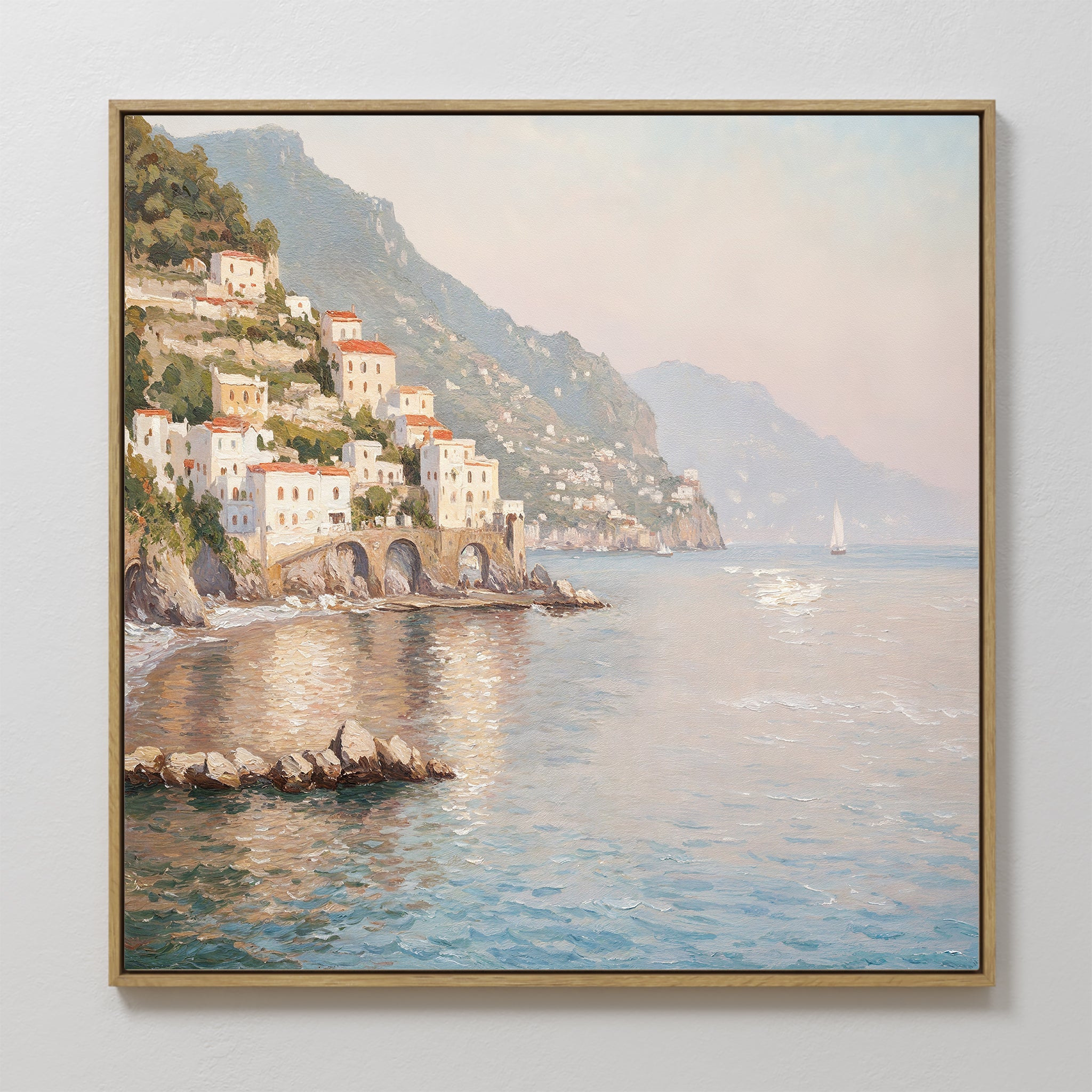 Hand painted original blush pink Amalfi Coast oil painting canvas wall art, elegant luxury nordic modern coastal living room home decor interior desig