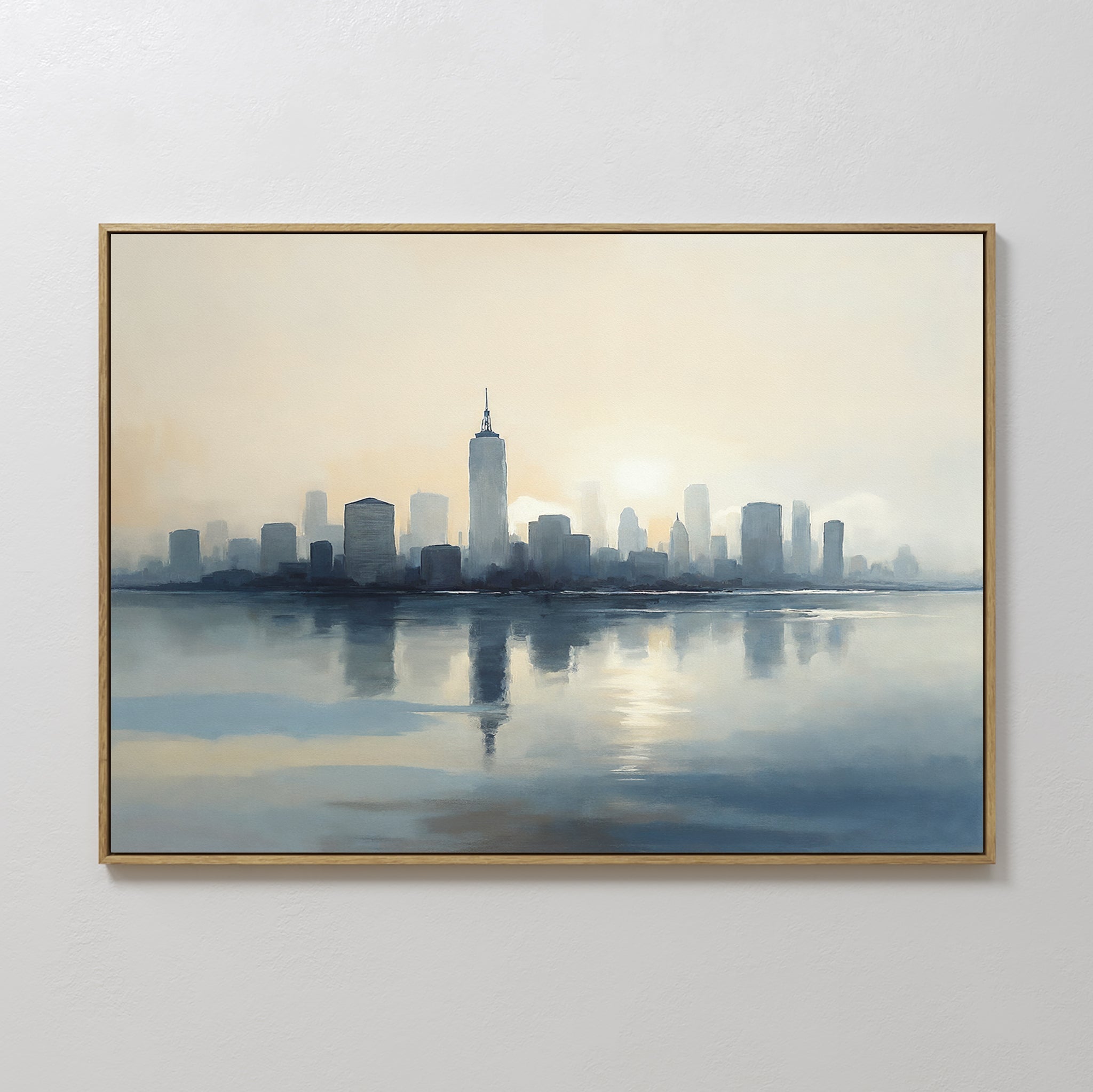 Hand painted original oil painting blue grey city skyline water reflection misty golden sky canvas wall art nordic scandinavian elegant luxury modern