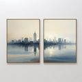 Original hand painted navy blue ivory city skyline oil painting canvas wall art set of 2, nordic scandinavian elegant luxury modern living room home d