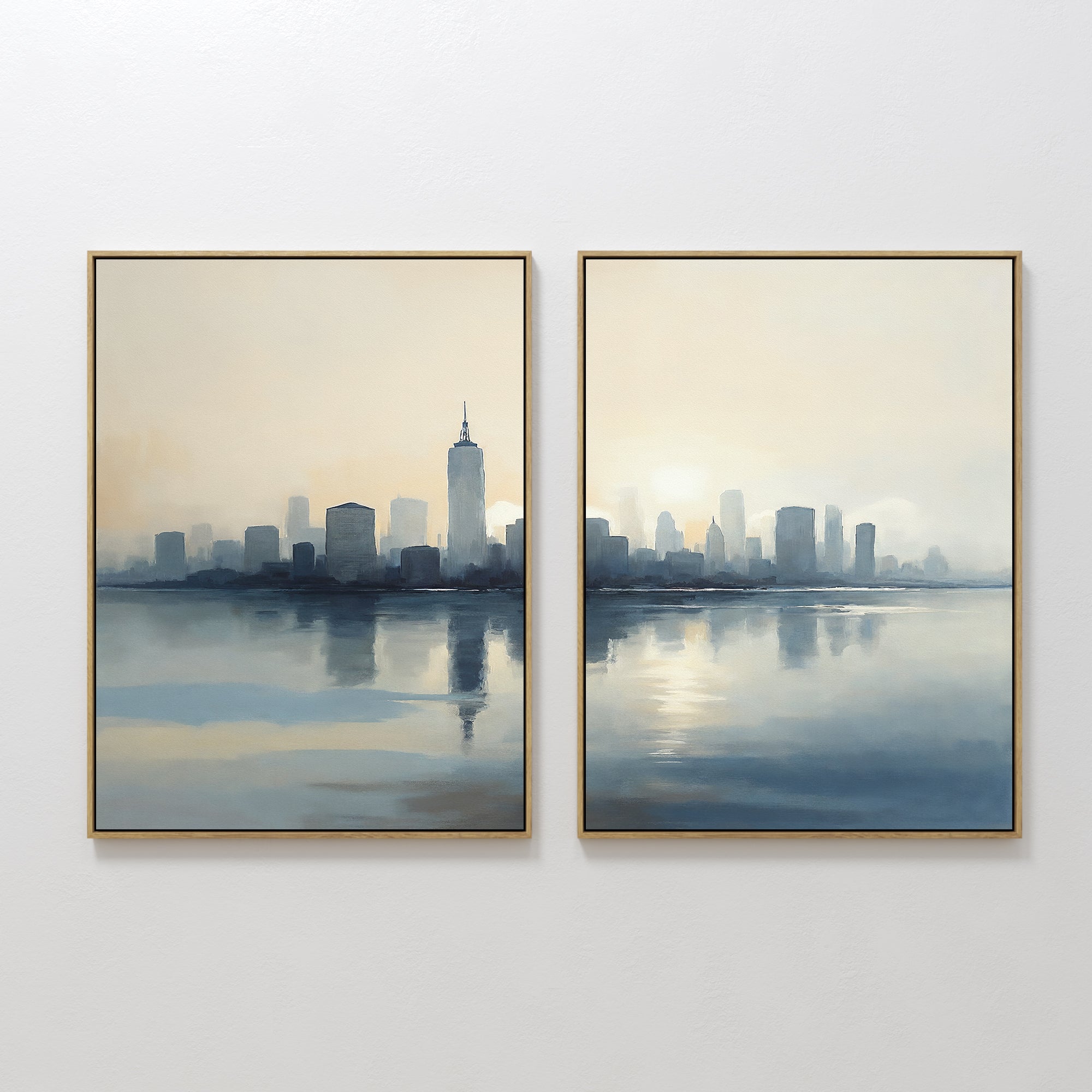 Original hand painted navy blue ivory city skyline oil painting canvas wall art set of 2, nordic scandinavian elegant luxury modern living room home d