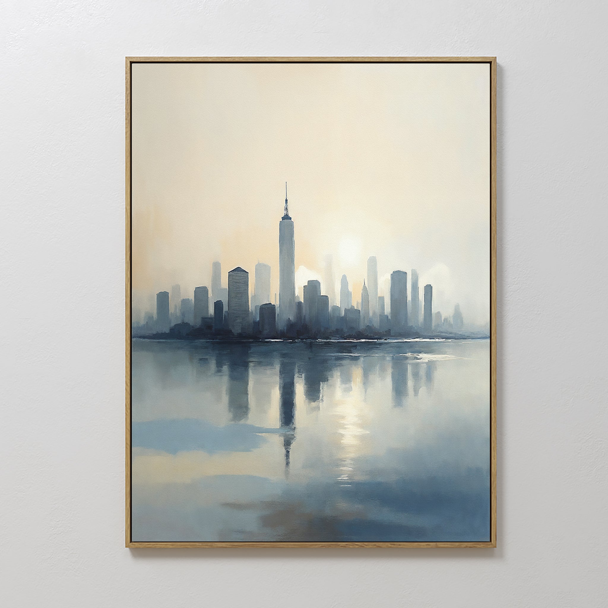 Original hand painted blue ivory misty city skyline oil painting canvas wall art, nordic scandinavian elegant luxury modern living room home decor