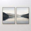 Original hand painted blue grey misty lake mountain diptych oil painting canvas wall art, nordic scandinavian elegant minimalist luxury modern home de