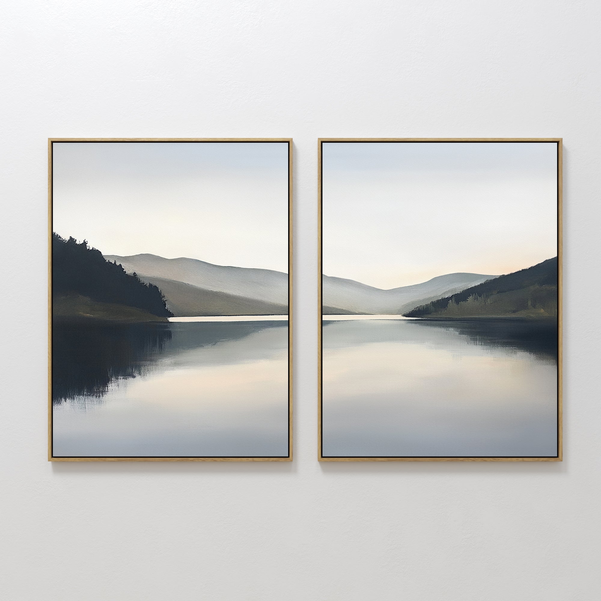 Original hand painted blue grey misty lake mountain diptych oil painting canvas wall art, nordic scandinavian elegant minimalist luxury modern home de