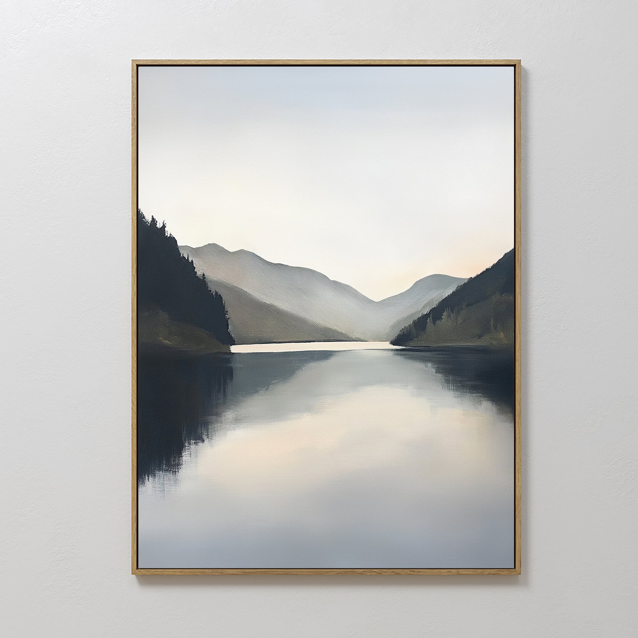 Original hand painted deep blue grey misty mountain lake oil painting canvas wall art, nordic scandinavian elegant minimalist luxury modern living roo